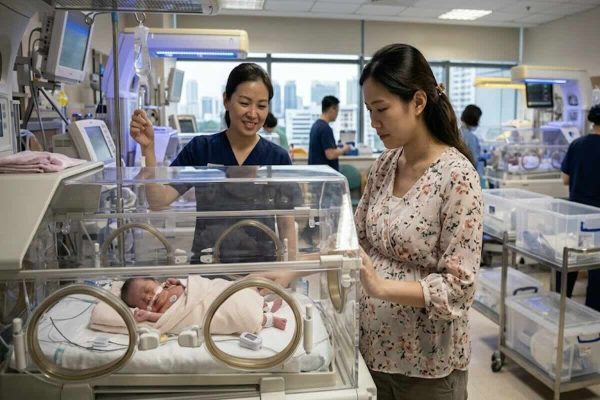 Mother visiting her newborn baby in a neonatal intensive care unit (NICU) while a nurse monitors the infant in an incubator.