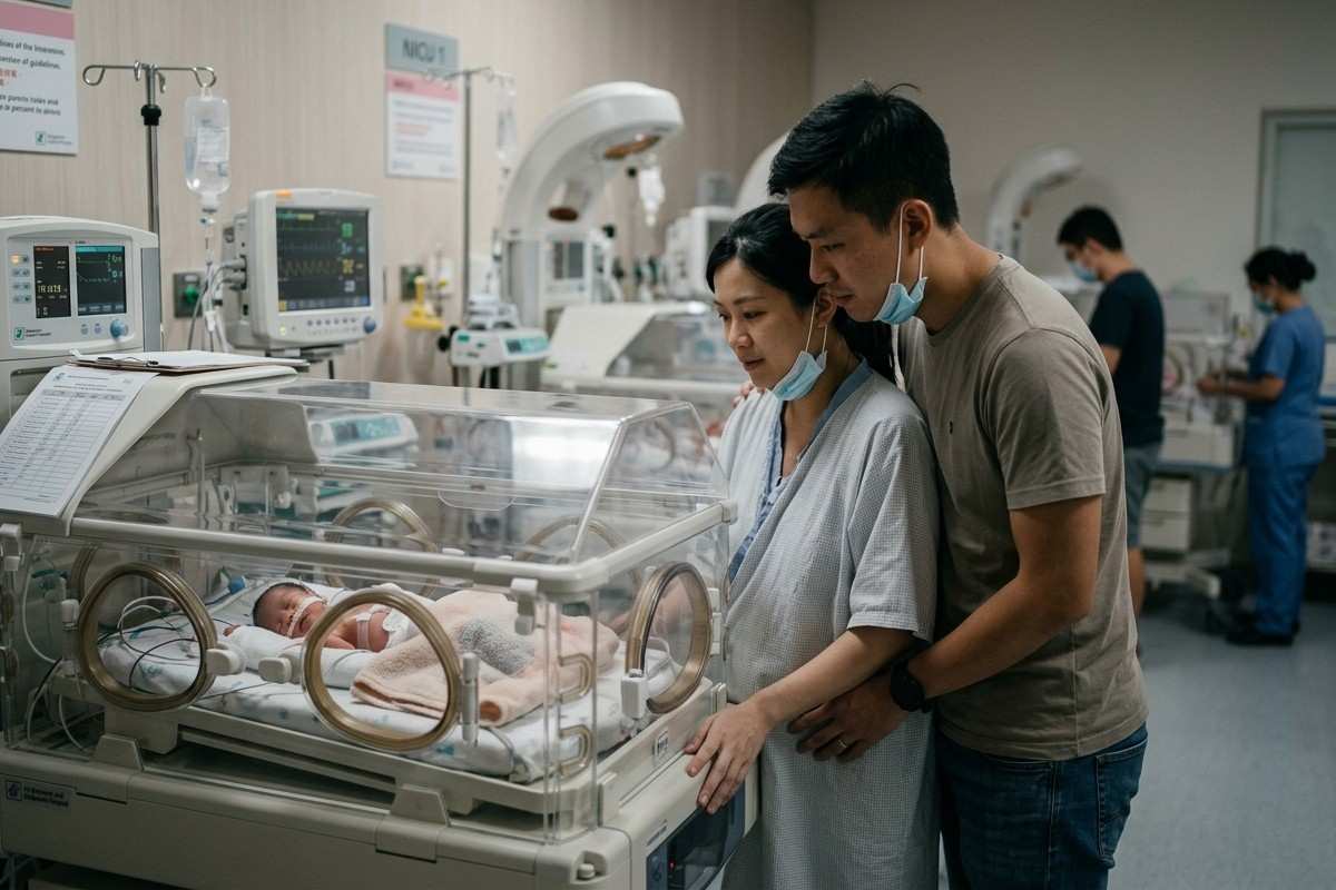 Parents beside their premature baby in a neonatal intensive care unit after childbirth.