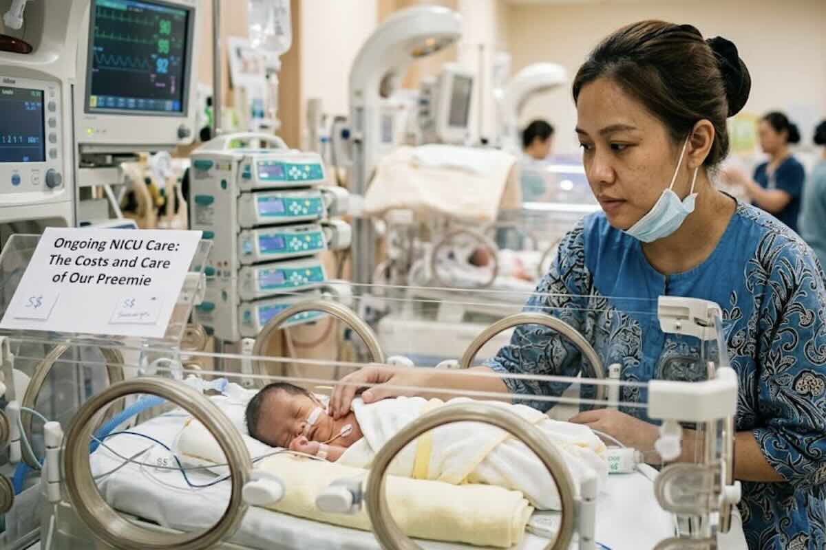 Mother visiting her premature baby in a hospital NICU with medical equipment monitoring the infant's condition.