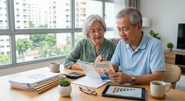 Elderly couple reviewing medical insurance documents at home