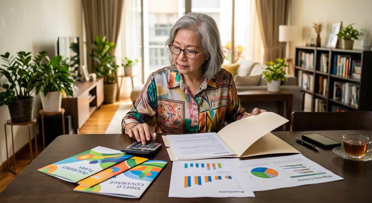 Elderly woman comparing insurance plans and costs