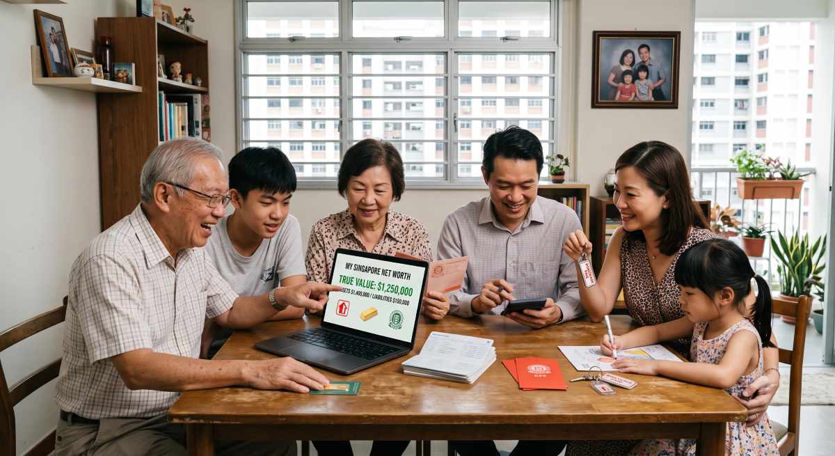 Singaporean family reviews household net worth, assets and liabilities together at home.