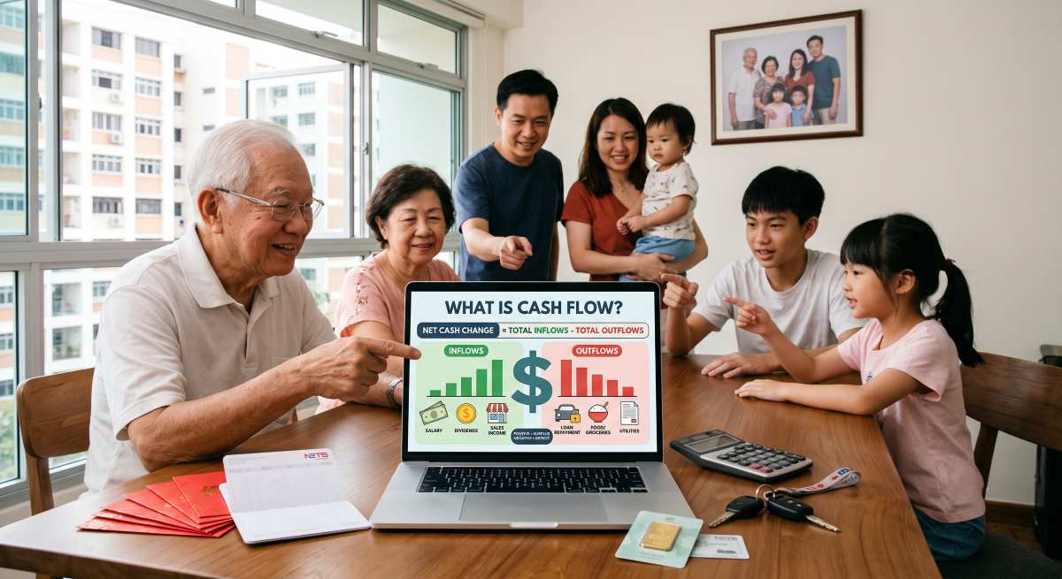 Multigenerational Singaporean family learns how cash flow balances income and everyday expenses.