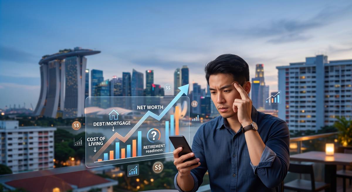 Singaporean man reviews rising net worth, mortgage, living costs and retirement readiness on his phone.