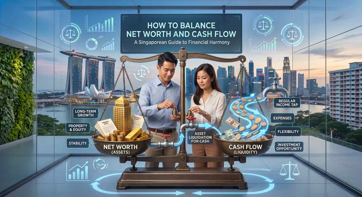 Balance scale compares net worth assets and cash flow liquidity for Singapore financial planning.