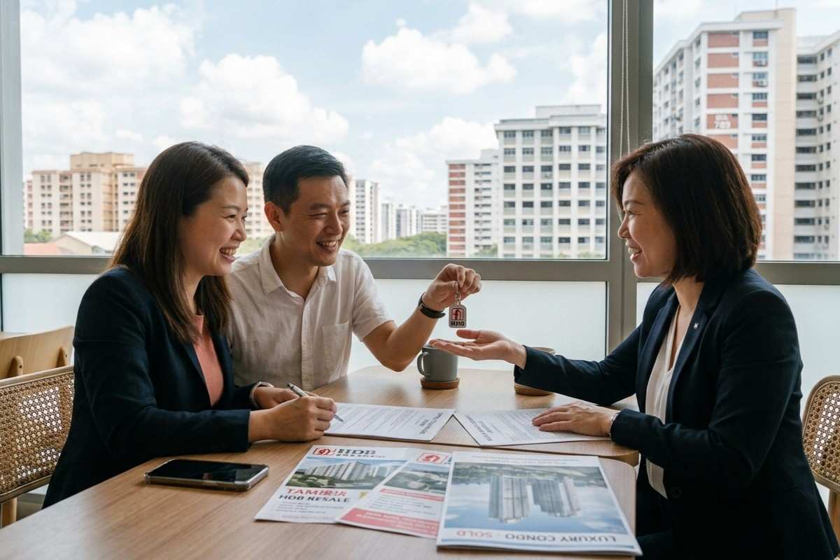 Singapore couple receiving home keys from a property agent after selling a condo to buy an HDB flat.
