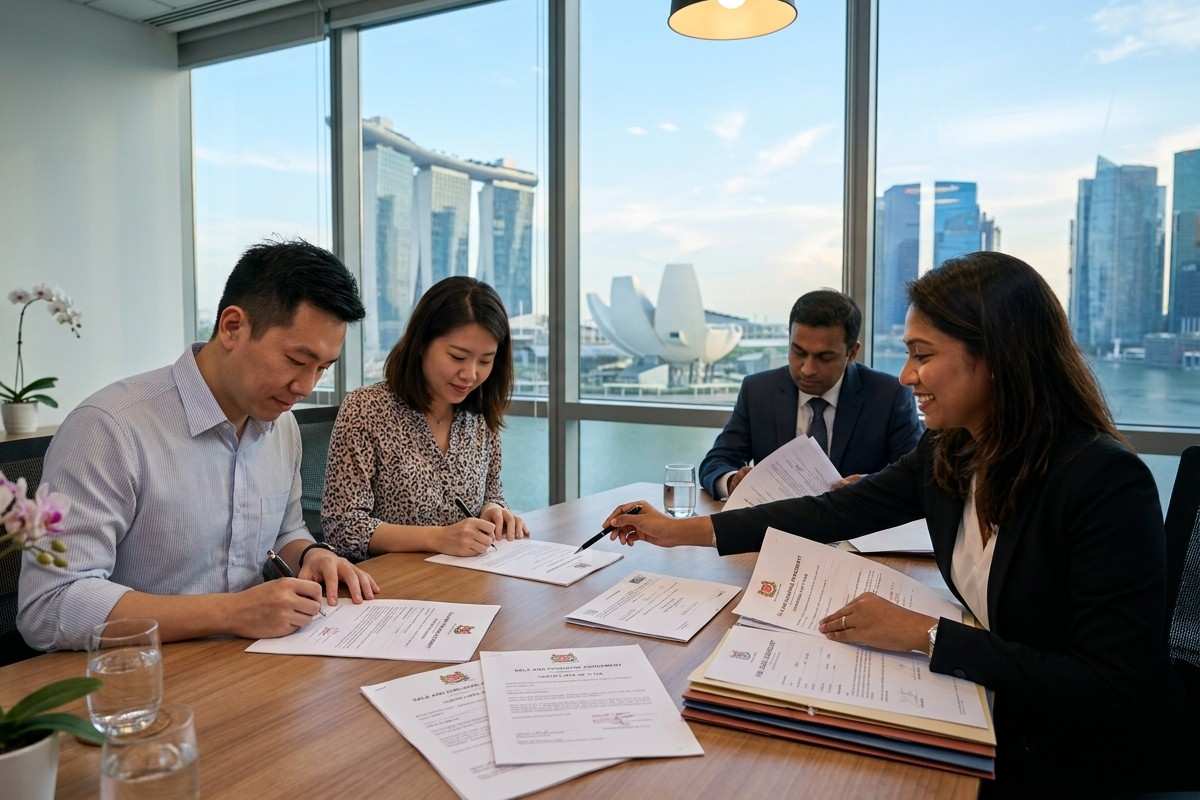 Couple signing property documents with an adviser while planning to sell a condo to buy an HDB.