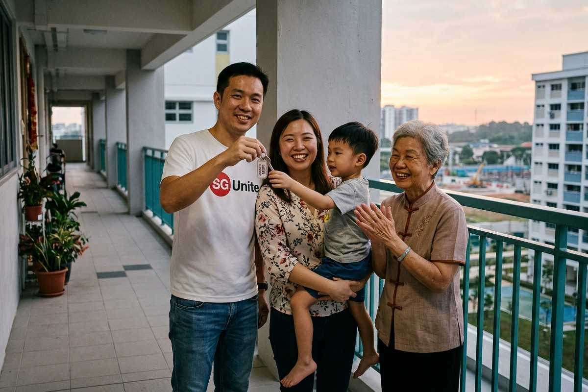 Singapore family holding new home keys after selling a condo to buy an HDB flat.