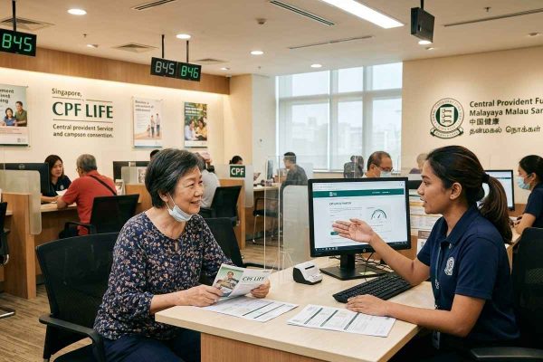 Senior woman discussing CPF LIFE retirement payouts with a staff member at a Singapore CPF service centre.