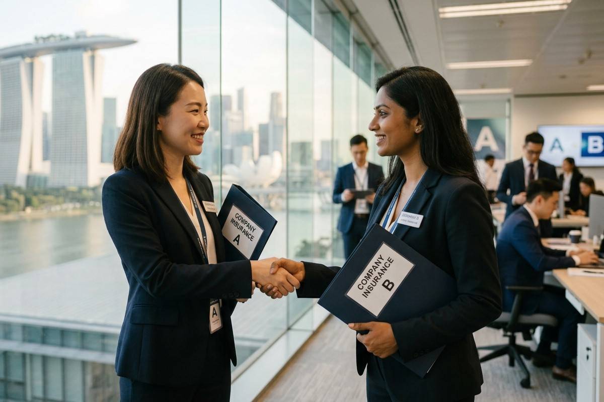 Two insurance professionals shaking hands while holding company insurance folders in a Singapore office.