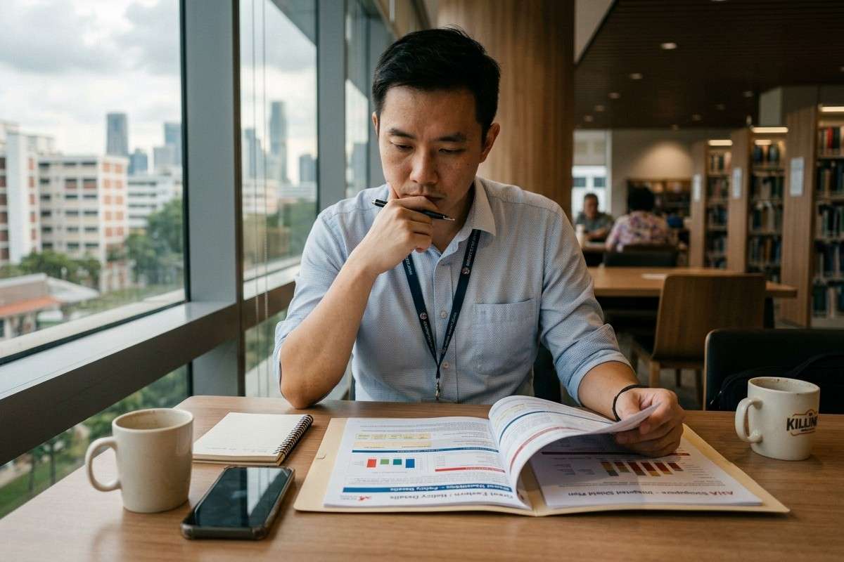 Man reviewing insurance policy documents at a table with the Singapore skyline in the background.