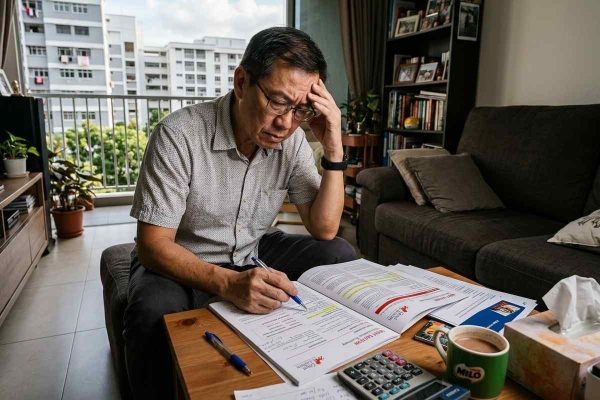 Man reviewing insurance documents and calculating expenses at home in Singapore.