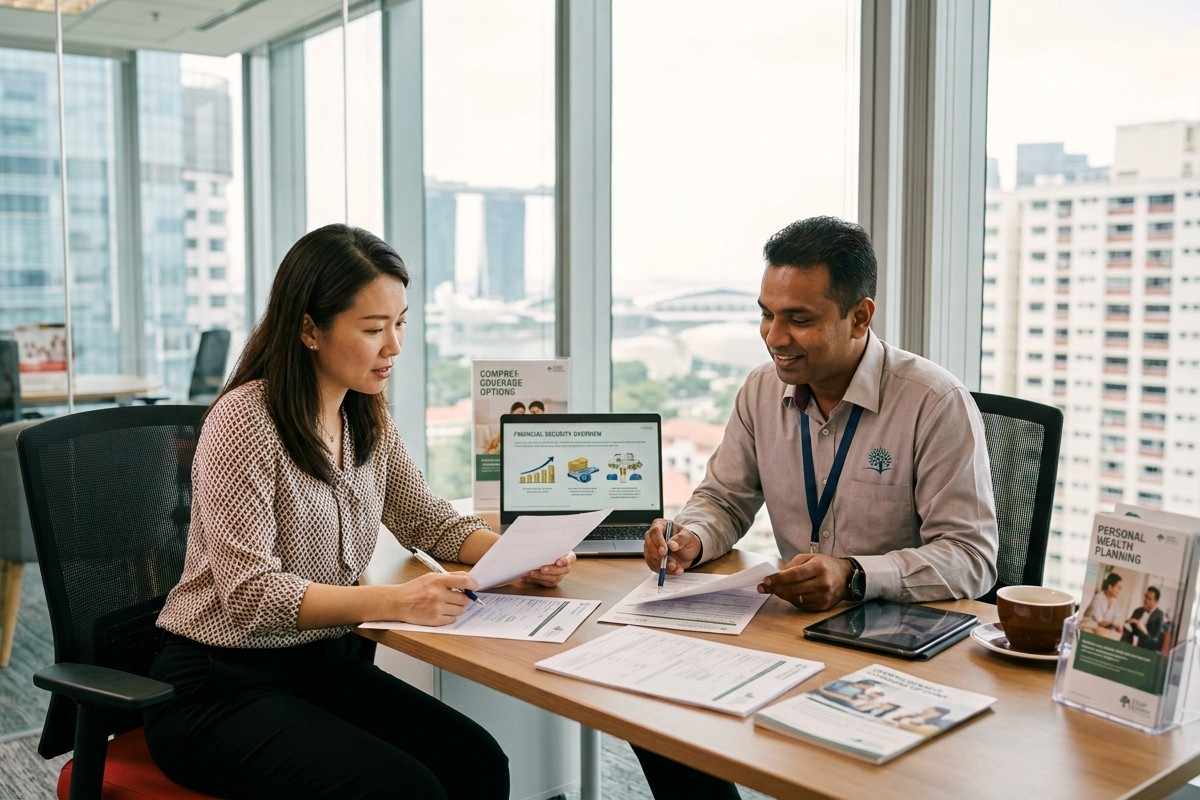 Woman reviewing financial planning documents with an adviser in a Singapore office.
