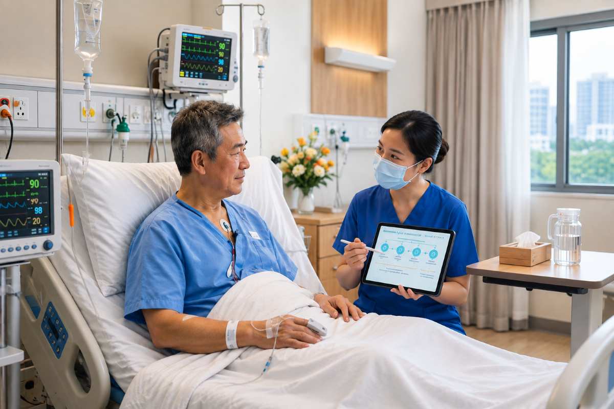 Nurse explaining heart attack care to an older patient in a hospital bed while monitoring equipment records his vital signs.