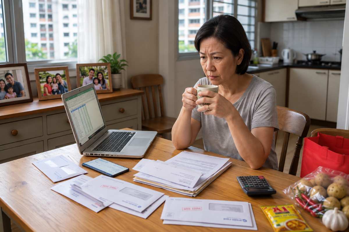 Woman reviewing medical bills and household expenses at home, with a laptop, calculator and paperwork on the table.