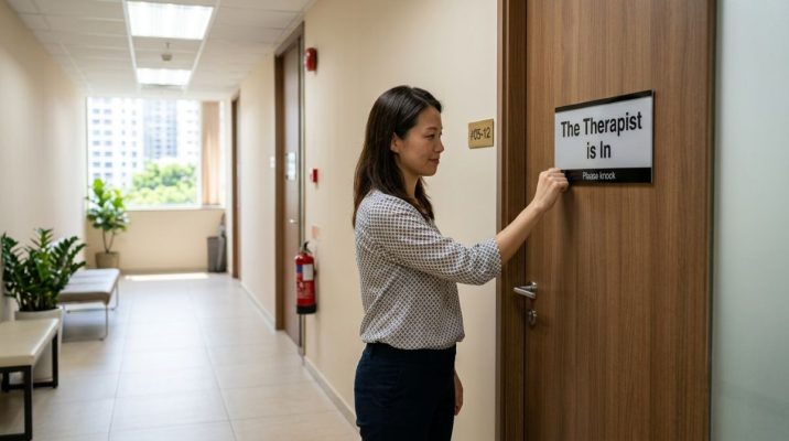 Woman arriving for a therapy session at a counselling clinic in Singapore.