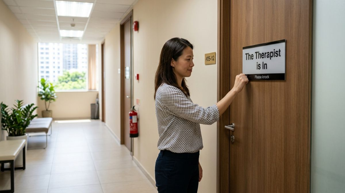 Woman arriving for a therapy session at a counselling clinic in Singapore.