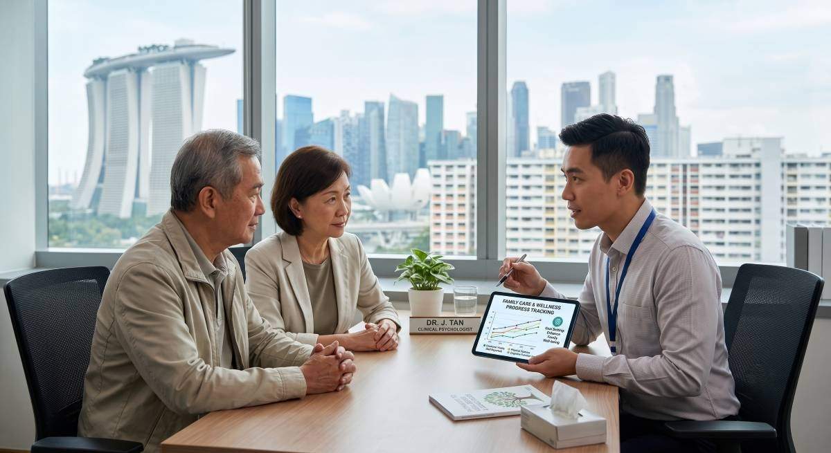 Older couple discussing family wellness with a healthcare professional in Singapore.