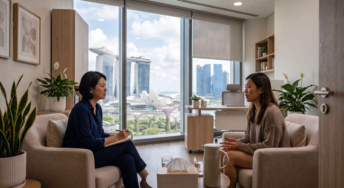 Woman speaking with a therapist in a Singapore counselling office overlooking Marina Bay.