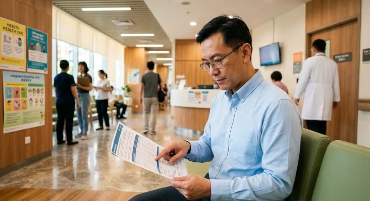 A man reviewing a health insurance document while waiting at a hospital reception area.