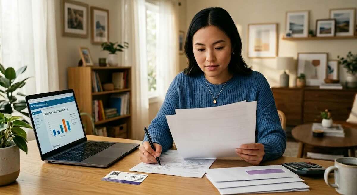 Woman reviewing a hospital bill and medical insurance documents, including deductible and co-payment costs.
