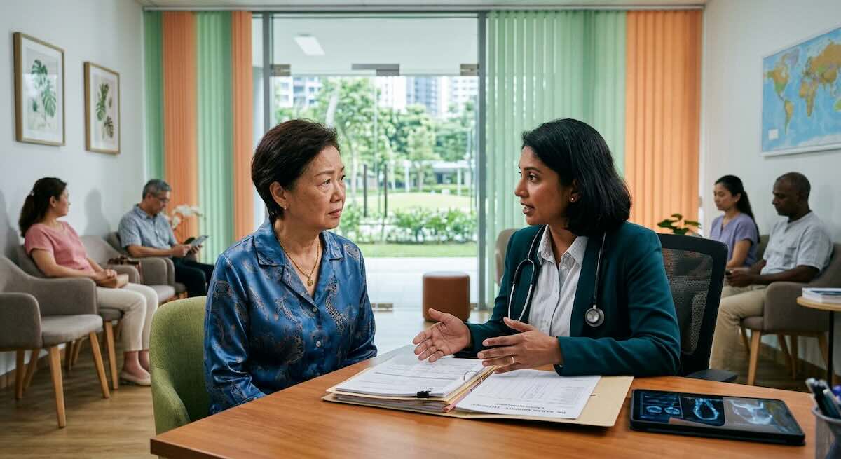 Patient discussing specialist treatment options with a doctor in a clinic.