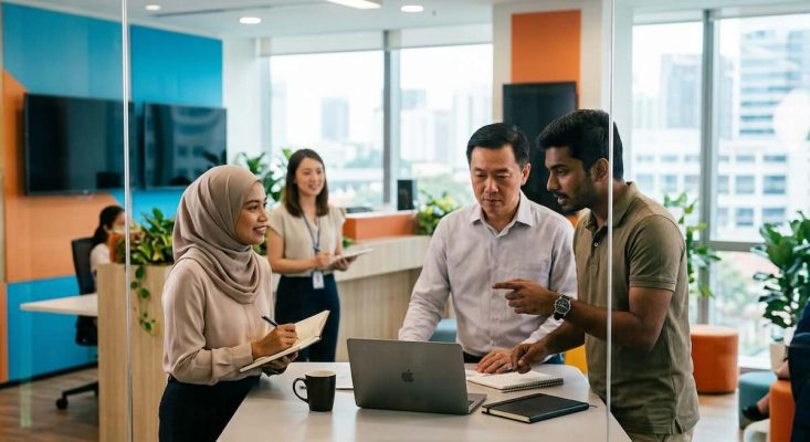Employees discussing work around a laptop in a modern Singapore office.