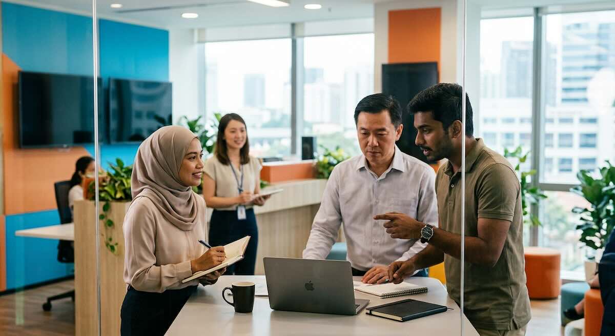 Employees discussing work around a laptop in a modern Singapore office.