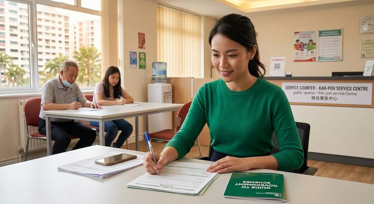 Woman filling out documents at a community service centre.