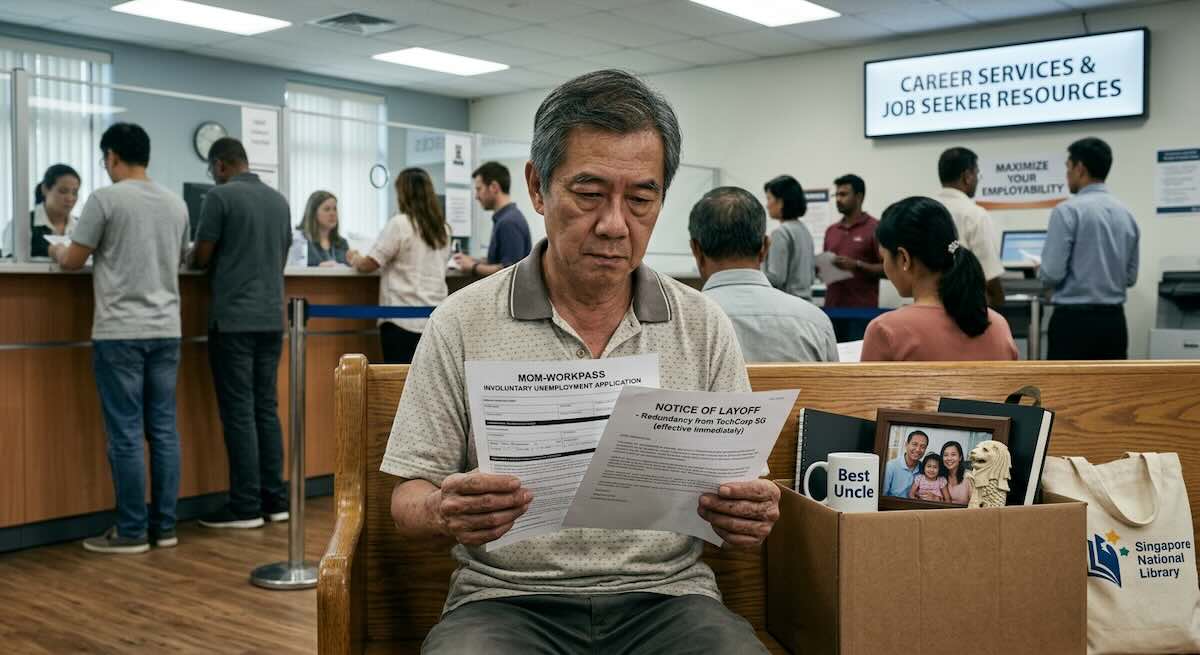 A job seeker reviewing a notice of layoff and employment documents at a career services centre in Singapore.